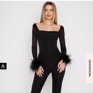 House of CB Dress Top Stella Feather Trim Black